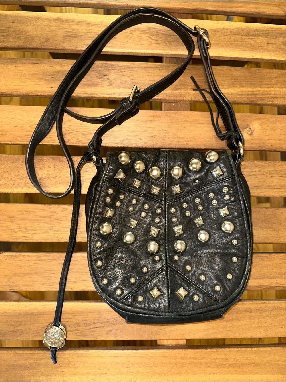 Vince Camuto Vintage  Cross bag Black Leather stud embellished Bikercore
